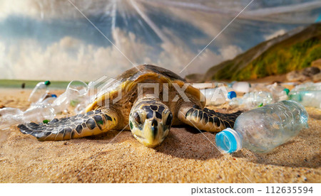 Dead Sea Turtle Surrounded by Many Plastic Bottles on a Sandy Beach - Generative Ai 112635594
