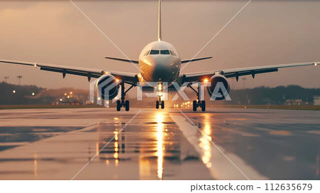 A large passenger plane takes off on the runway and takes tourists on vacation. Generative Ai 112635679