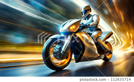 Humanoid Robot Riding a Futuristic High Speed Motorbike - Generative Ai 112635714