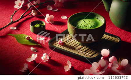 紅地毯上放著抹茶和櫻花的茶具 112635722