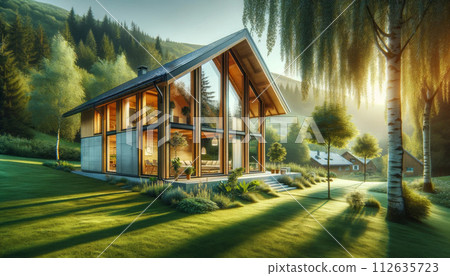 passive solar house with large windows and overhanging eaves, optimized for natural light and energy efficiency. Generative AI 112635723