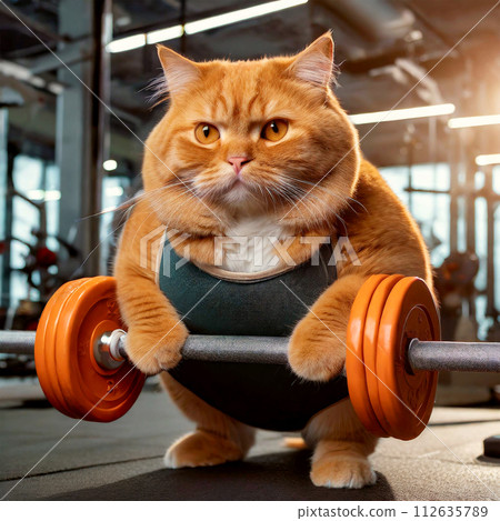 Obese Orange Cat Lifting Weights in Order to Lose Weight - Generative Ai 112635789