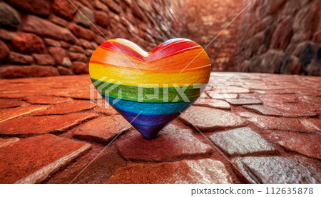 Rainbow Striped Heart on a Red Stone Floor with Copy Space - Generative Ai 112635878