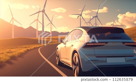 Electric vehicles and wind farms. The concept of environmentally friendly transport of the future and green energy. Electric cars and wind generators. AI generated 112635879