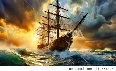 Old Wooden Sailing Ship Braving the Waves of a Wild Stormy Sea - Generative Ai 112635887