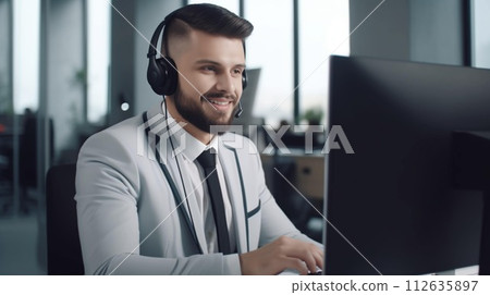Handsome male call center worker in headphones in the office works at a computer. The concept of customer service. AI generated 112635897