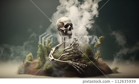 Human skull in smoke. The concept of death from environmental and air pollution and smoking. AI generated 112635939