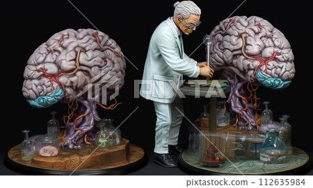 An old scientist in a white coat is studying the human brain. The concept of the study of the brain and mental abilities, learning science and education. AI generated 112635984