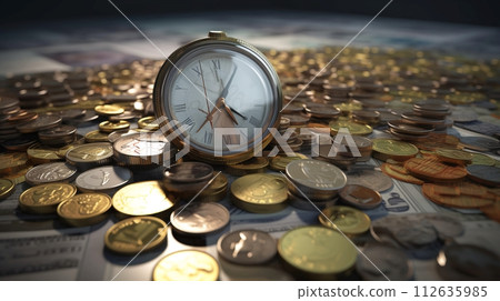 Clock gold coins and money on the table. Concept time is money. AI generated 112635985