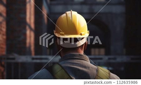 A working man in a protective construction helmet. An engineer at a construction site controls the process of industrial construction. AI generated 112635986