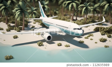 A large passenger plane flies and takes tourists on vacation in a warm tropical resort country. Generative Ai 112635989