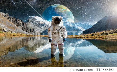 Astronaut Standing Inside a Lake on an Exoplanet - Generative Ai 112636168