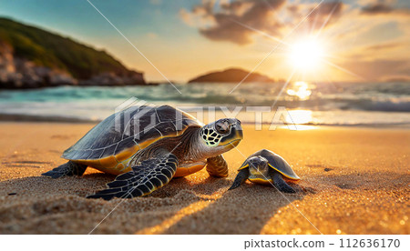 Adult and Newborn Sea Turtle on a Sandy Beach of a Tropical Island - Generative Ai 112636170