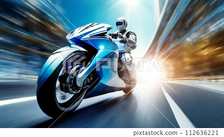 Humanoid Robot Riding a Futuristic High Speed Motorbike - Generative Ai 112636221