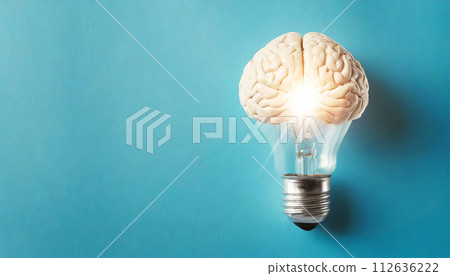 Human Brain inside the Glowing Light Bulb on a Blue Background - Generative Ai 112636222