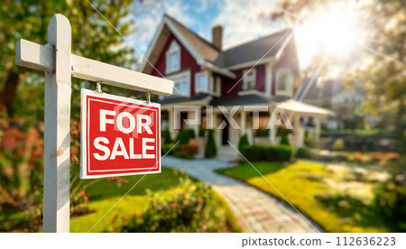 Home For Sale Real Estate Sign and New House - Generative Ai 112636223