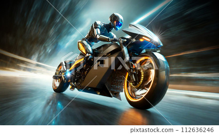 Humanoid Robot Riding a Futuristic High Speed Motorbike - Generative Ai Humanoid Robot Riding a Futuristic High Speed Motorbike - Generative Ai 112636246