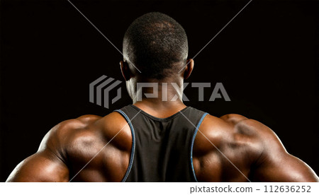 Muscular Man Back View of a Bodybuilder Athlete on a Black Background - Generative Ai 112636252