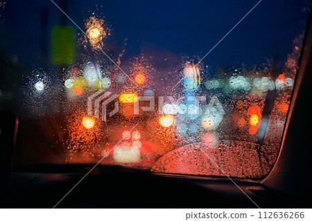 car windshield wet from rain 112636266