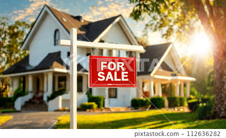 Home For Sale Real Estate Sign and New House - Generative Ai Home For Sale Real Estate Sign and New House - Generative Ai 112636282