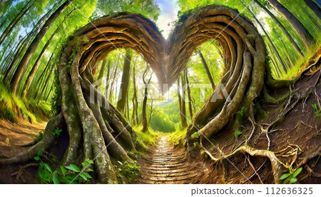 Two Heart Shaped Trees and a Footpath in a Forest - Generative Ai 112636325