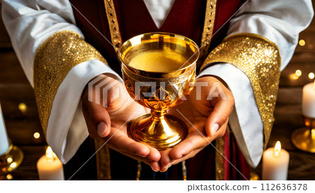 Closeup of Hands of a Priest Holding a Golden Chalice - Generative Ai 112636378