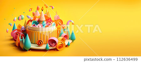 Colorful Paper Art-Inspired Festive Cake - Generative AI 112636499