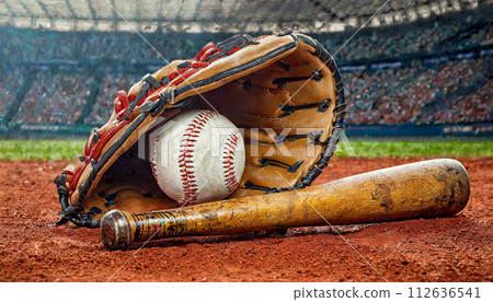 Baseball Glove with Bat and Ball on a Baseball Field - Generative Ai 112636541