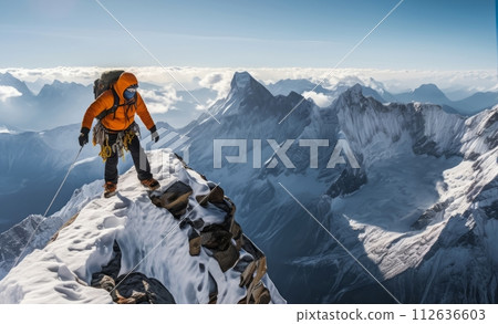 Victory on Snowy Peaks: Equipped Climber's Conquest 112636603
