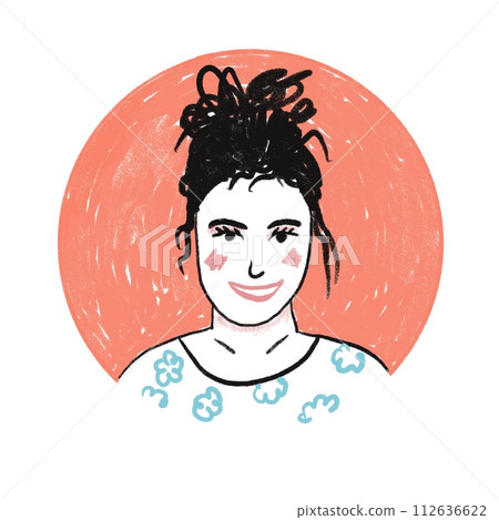 Hand drawn illustration of young woman black hair white skin in round circle. Funny cartoon avatar in doodle style, face modern graphic poster happy colorful print in hipster contemporary style. 112636622
