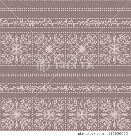 Hand drawn seamless pattern with bandana oriental ethnic elements beige grey background. Elegant pastekl leaves berries, traditional decorative headscarf western ornament. 112636623