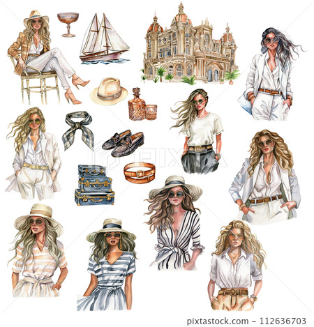 Watercolor hand drawn fashion elegant woman and stylish elements. Fashion girl. Stylish sketch. Fashion illustration. Perfect for greetings cards, invitation, poster, party decoration and stickers. 112636703