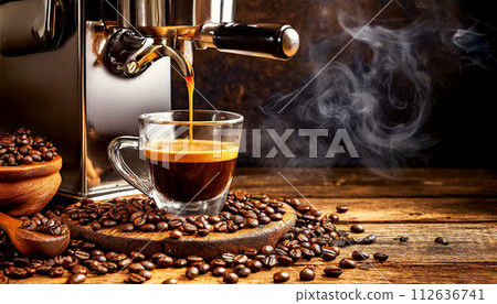 Espresso Machine Pouring Coffee into a Transparent Glass Cup - Generative Ai 112636741