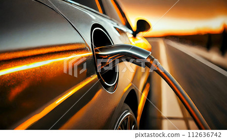 Electric Car at Charging Station with the Power Cable Supply Plugged in - Generative Ai 112636742