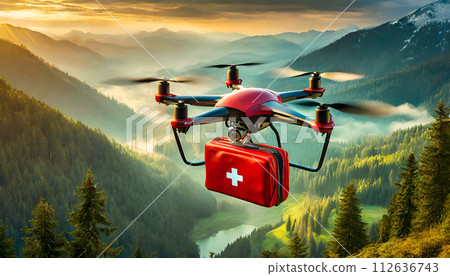 Drone with a Red First Aid Kit Flying Over a Mountain Landscape - Generative Ai 112636743