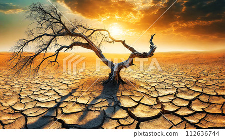 Dead Bare Tree in a Desert Landscape at Sunset - Generative Ai 112636744