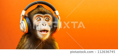 Cute Monkey with Headphones Listens to Music on a Orange Background - Generative Ai 112636745