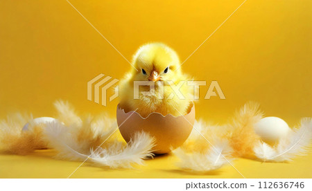 Cute Chick in a Broken Eggshell on a Yellow Background - Generative Ai 112636746