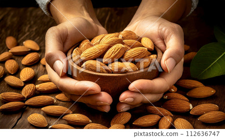 Cupped Hands Holding a Wooden Bowl Full of Almonds - Generative Ai 112636747