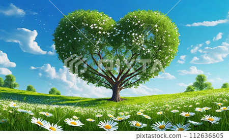 Heart Shaped Tree on a Green Meadow with Daisy Flowers - Generative Ai 112636805