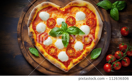 Heart Shaped Pizza Margherita on a Wooden Cutting Board - Generative Ai 112636806