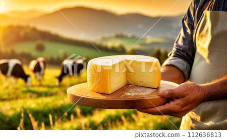 Farmer Holding a Wooden Cutting Board with a Slice of Cheese - Generative Ai 112636813