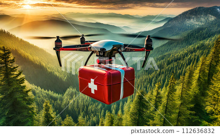 Drone with a Red First Aid Kit Flying Over a Mountain Landscape - Generative Ai 112636832