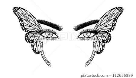 Women's eyes decorated with butterfly wings on white background. Women's eyes decorated with butterfly wings on white background. 112636889