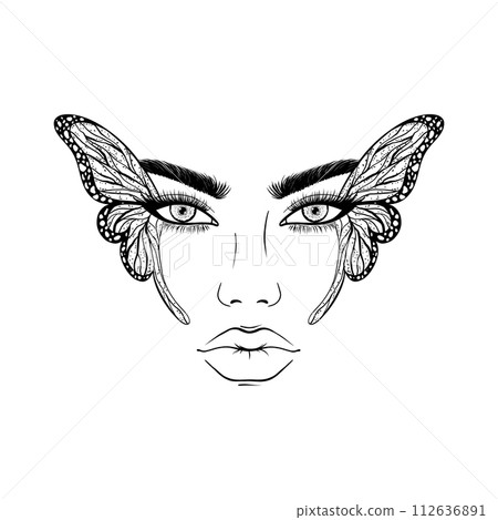 The face of a young woman whose eyes are decorated with butterfly wings. The face of a young woman whose eyes are decorated with butterfly wings. 112636891