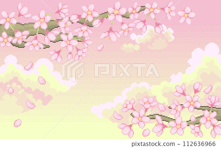 (Pixel art) Nostalgic pixel art frame with dancing cherry blossoms (Pixel art) Nostalgic pixel art frame with dancing cherry blossoms 112636966