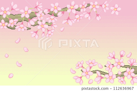 (Pixel art) Nostalgic pixel art frame with dancing cherry blossoms (Pixel art) Nostalgic pixel art frame with dancing cherry blossoms 112636967