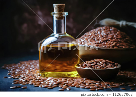 Flaxseed Oil and Whole Seeds Display - Generative AI 112637062