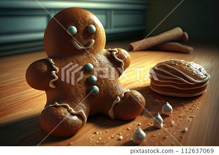 A well-fed gingerbread man sits on the wooden floor of a dark room next to a cake. Generative AI 112637069
