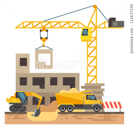 Construction site scene. Cartoon house building equipment 112637339